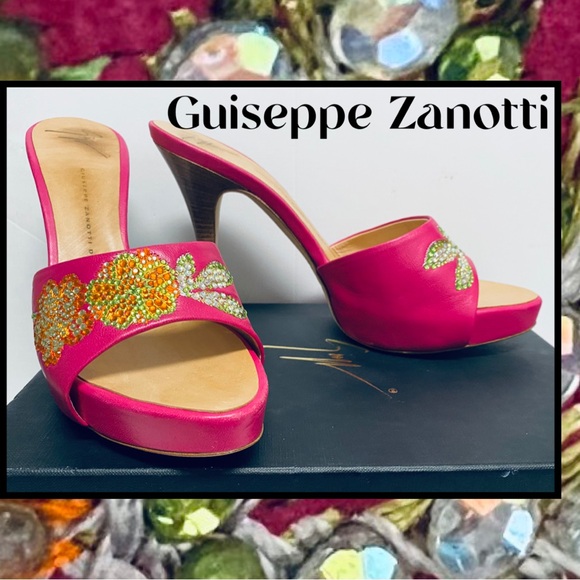 Giuseppe Zanotti Fuschia Pink Leather Floral Crystal Stiletto Mule Slide Shoe 9B - Picture 1 of 10